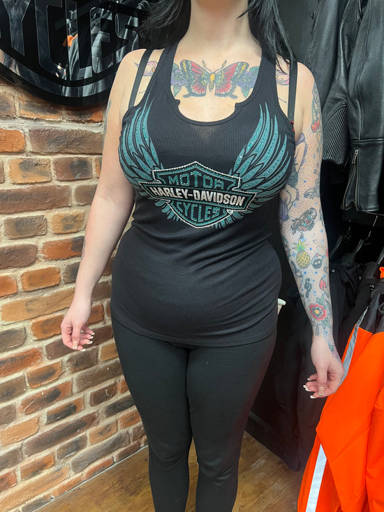 Harley Davidson 'Brushed Wings' Scoop Neck Ladies Sparkle Black HT4851BLK