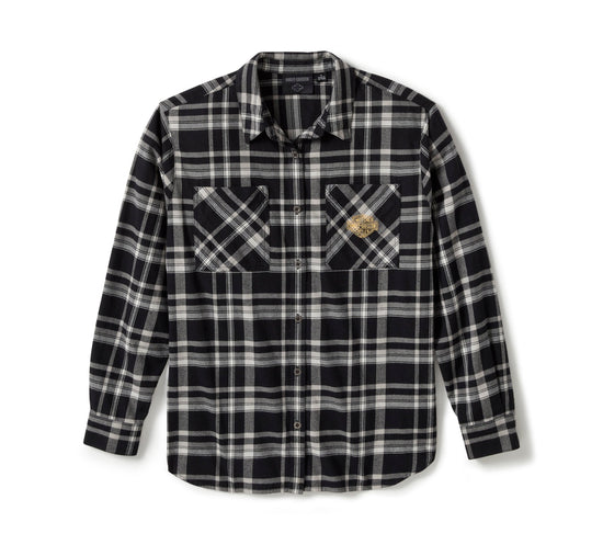 Genuine Harley-Davidson® Women's Patch Woven Long Sleeve Shirt - Plaid - Harley Black & Ghost Gray 96556-25VW