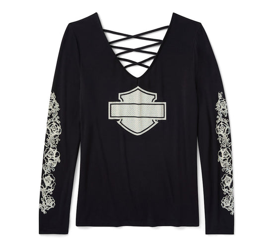 Harley Davidson 96644-25VW BLACK Women's Bling Chrome & Roses Long Sleeve Laced V Neck Tee - Harley Black
