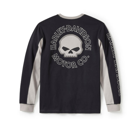 Genuine Harley-Davidson® Men's Willie G Skull Colorblock Long Sleeve T-Shirt - Colorblock - Harley Black & Ghost Grey 96372-25VM