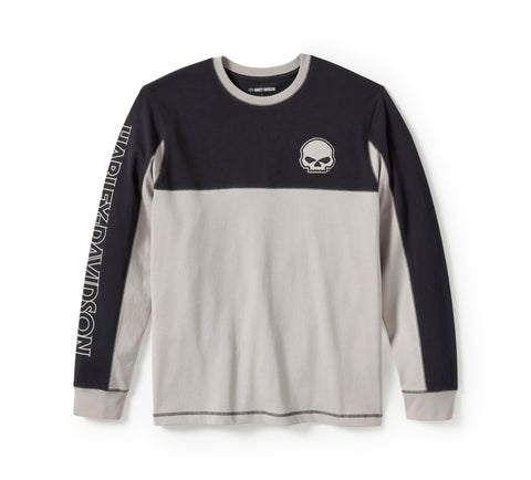 Genuine Harley-Davidson® Men's Willie G Skull Colorblock Long Sleeve T-Shirt - Colorblock - Harley Black & Ghost Grey 96372-25VM