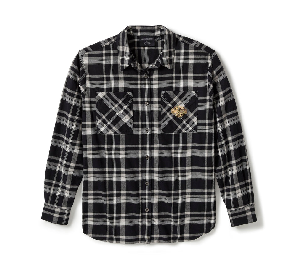 Genuine Harley-Davidson® Women's Patch Woven Long Sleeve Shirt - Plaid - Harley Black & Ghost Gray 96556-25VW