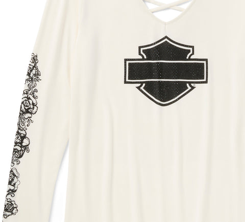 Harley Davidson 96643-25VW Women's CREAM/WHITE Bling Chrome & Roses Long Sleeve Laced V Neck