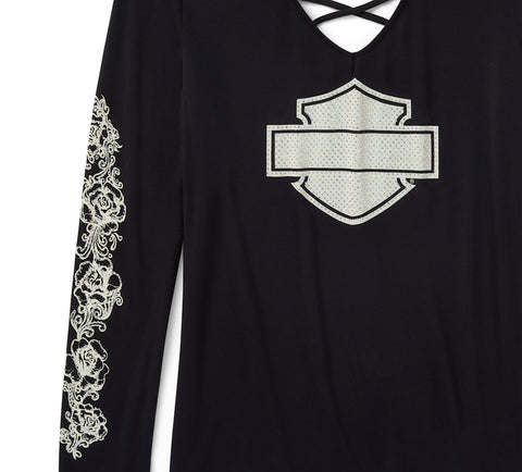 Harley Davidson 96644-25VW BLACK Women's Bling Chrome & Roses Long Sleeve Laced V Neck Tee - Harley Black