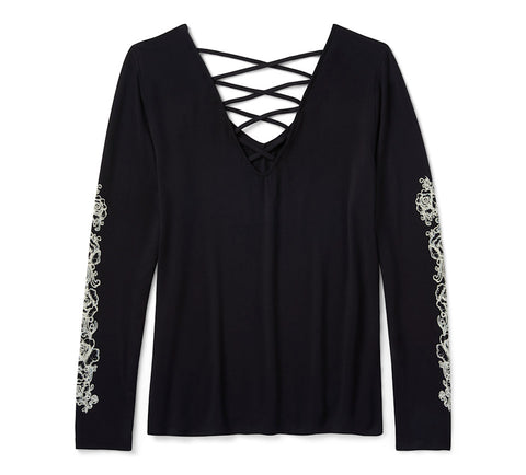 Harley Davidson 96644-25VW BLACK Women's Bling Chrome & Roses Long Sleeve Laced V Neck Tee - Harley Black