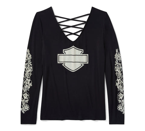 Harley Davidson 96644-25VW BLACK Women's Bling Chrome & Roses Long Sleeve Laced V Neck Tee - Harley Black