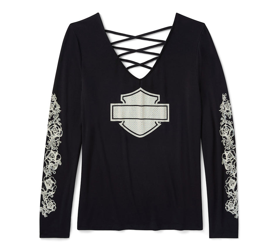 Harley Davidson 96644-25VW BLACK Women's Bling Chrome & Roses Long Sleeve Laced V Neck Tee - Harley Black