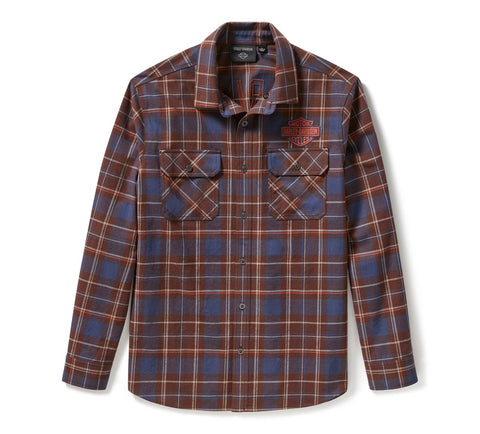 Harley Davidson Men's Racer Font Yarn Dyed Plaid Shirt - Plaid - Mood Indigo & Coffee 96804-25VM
