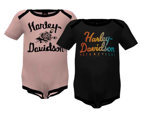 Genuine Harley-Davidson® Baby Girls' 2-Pack Rainbow Foil Rib Creeper Set, Black/Pink 3009235