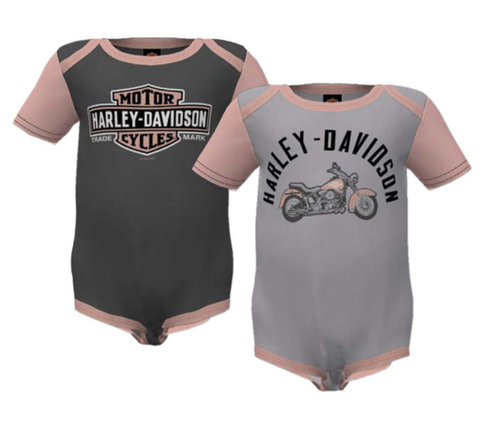 Genuine Harley-Davidson® Baby Girls' 2-Pack Colorblocked Rib Creeper Set - Grey/Pink