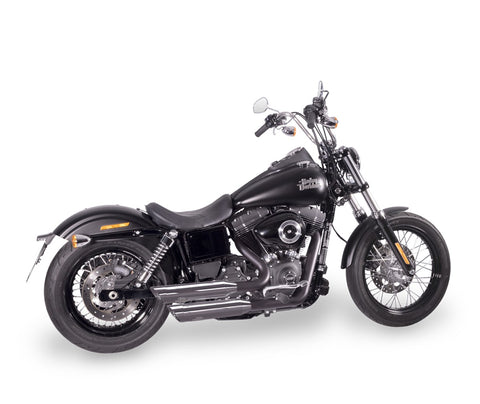 Dr. Jekill & Mr. Hyde Shorty Chrome Exhaust Harley-Davidson CVO & Dyna 2007–2011 — 3.5 inch Slashcut Chrome (EP-111056) — V-Strike Uneven Wrinkle Black headers