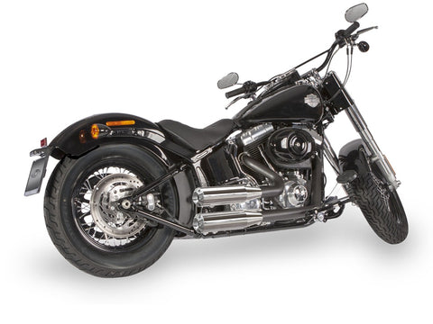 Dr. Jekill & Mr. Hyde Shorty Chrome Exhaust Harley-Davidson Crossbones & Softail Deluxe 2005–2010 — 3.5 inch Streetfighter Blank (EP-111310) — V-Strike Even Wrinkle Black headers