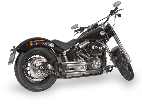 Dr. Jekill & Mr. Hyde Shorty Chrome Exhaust Harley-Davidson Crossbones & Softail Deluxe 2005–2010 — 3.5 inch Big Shot Wrinkle Black (EP-113527) — V-Strike Even Wrinkle Black headers