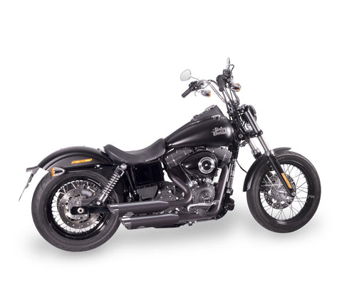 Dr. Jekill & Mr. Hyde Shorty Wrinkle Black Exhaust Harley-Davidson CVO & Dyna 2007–2011 — 3.5 inch Slashcut Chrome (EP-113608) — V-Strike Uneven Wrinkle Black headers