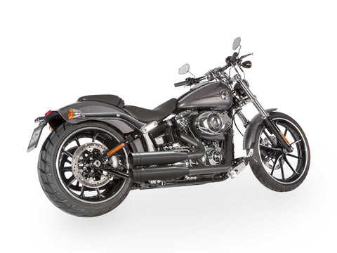 Dr. Jekill & Mr. Hyde Shorty Wrinkle Black Exhaust Harley-Davidson Softail & CVO 2011–2017 — 3.5 inch Big Shot Wrinkle Black (EP-123574) — V-Strike Even Wrinkle Black headers