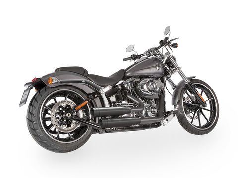 Dr. Jekill & Mr. Hyde Shorty Wrinkle Black Exhaust Harley-Davidson Softail & CVO 2011–2017 — 3.5 inch Big Shot Wrinkle Black (EP-123574) — V-Strike Uneven Wrinkle Black headers