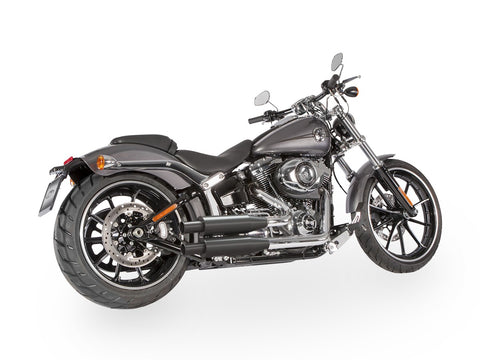 Dr. Jekill & Mr. Hyde Shorty Wrinkle Black Exhaust Harley-Davidson Softail & CVO 2011–2017 — 3.5 inch Vintage Wrinkle Black (EP-123582) — V-Strike Even Chrome headers