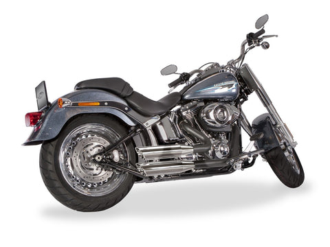 Dr. Jekill & Mr. Hyde Shorty Chrome Exhaust Harley-Davidson Fat Boy up to 103 1984–1995 — 3.5 inch Slashcut Chrome (EP-211356) — V-Strike Even Wrinkle Black headers