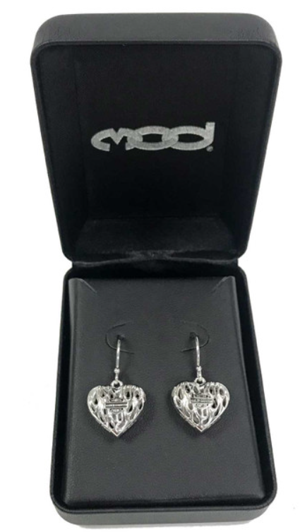 Harley-Davidson® Womens Flames Bar & Shield Heart Dangle Earrings, Silver HDE0423