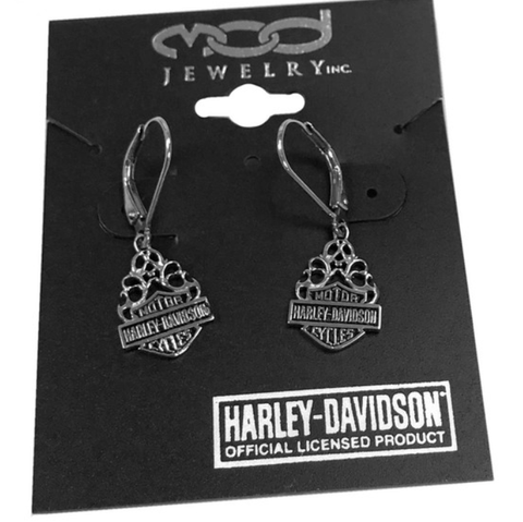 Harley-Davidson® Women's Bar & Shield Dangle Earrings Silver Filigree HDE0258