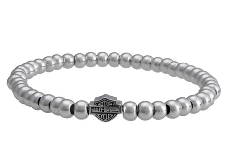 Harley-Davidson® Women's Large Beaded Bar & Shield Stretch Bracelet - Silver