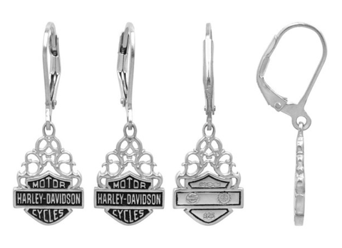 Harley-Davidson® Women's Bar & Shield Dangle Earrings Silver Filigree HDE0258