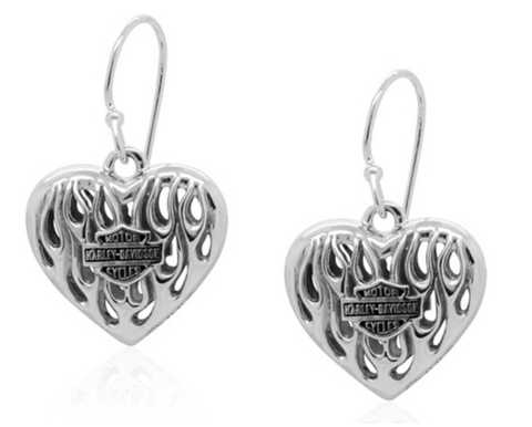 Harley-Davidson® Womens Flames Bar & Shield Heart Dangle Earrings, Silver HDE0423