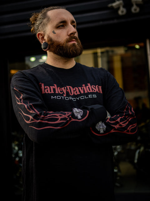 Genuine Harley-Davidson® Quality Black Long Sleeve 'In Flames' Mens Top 96207-24VM