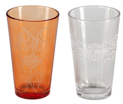 Genuine Harley-Davidson® Bar & Shield Flames Pint Glass Set – 16 oz. Orange & Clear HDL-18824