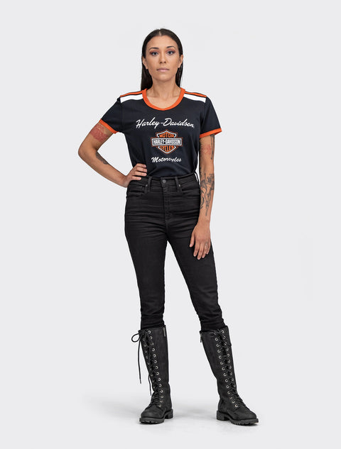 Harley-Davidson® Women's Iconic V-Neck Shoulder Stripe Tee 96083-22VW Harley Davidson Direct
