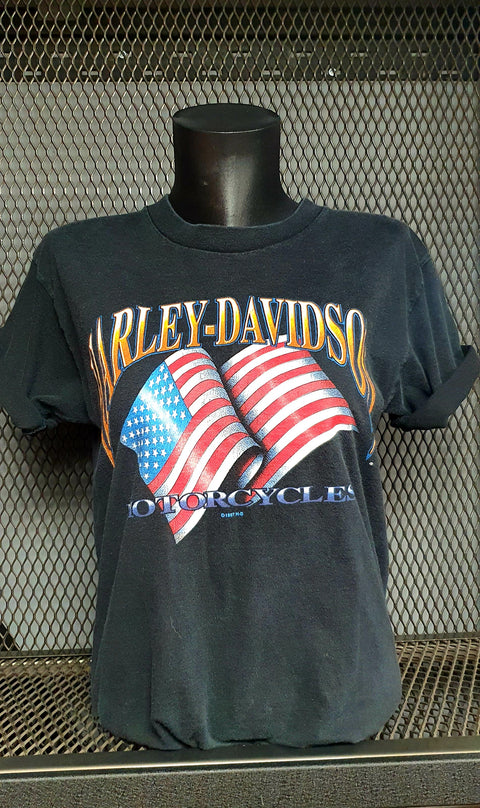 Mens Black Vintage Retro American Flag Uni-Sex T-shirt Springfield 40 chest 1997 Harley Davidson Harley Davidson Direct