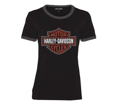 Harley-Davidson® Women's Essential Bar & Shield Ringer Black T-Shirt 96228-23VW