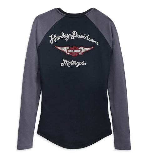 Harley-Davidson® Women's Timeless Silver Wing Henley - Colorblocked - Black Beauty 96448-23VW