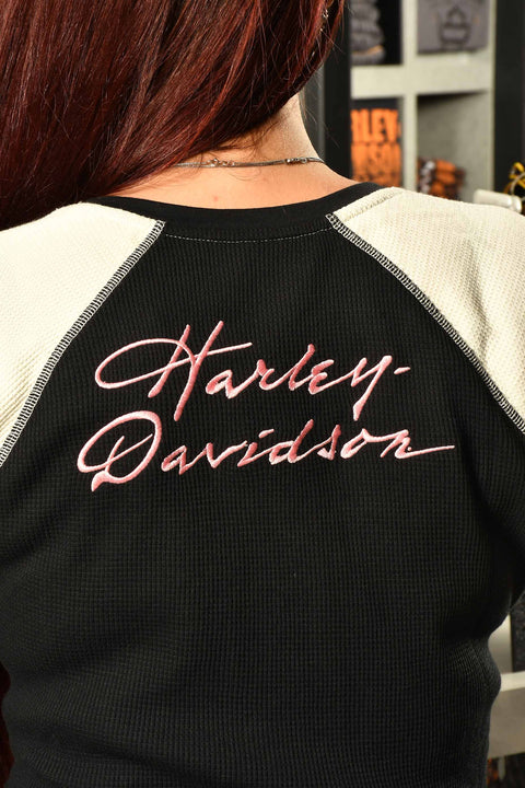 Harley-Davidson® Women's Script Font Laced Front Waffle Henley 96090-22VW Harley Davidson Direct