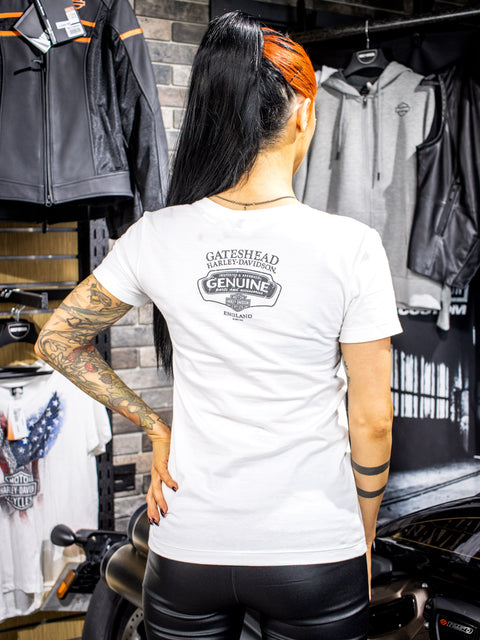 Gateshead Harley Davidson Flag Eagle V Neck Ladies White Dealer T-Shirt Harley-Davidson® Direct