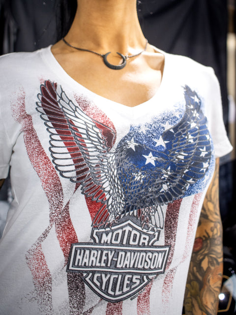 Gateshead Harley Davidson Flag Eagle V Neck Ladies White Dealer T-Shirt Harley-Davidson® Direct