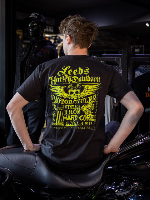 Leeds Harley Davidson Dealer T-Shirt Hi Viz Skull R0043604
