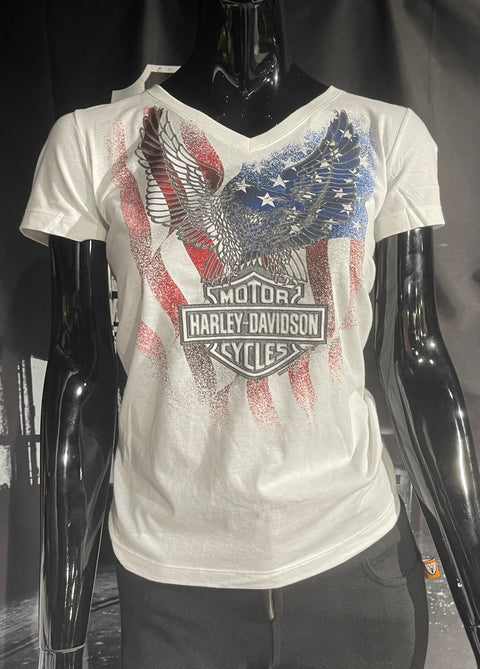 Gateshead Harley Davidson Flag Eagle V Neck Ladies White Dealer T-Shirt Harley Davidson Direct