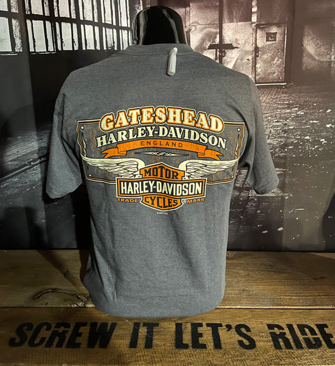 Gateshead Harley-Davidson® Long Logo Grey Dealer T-Shirt Mens Harley Davidson Direct