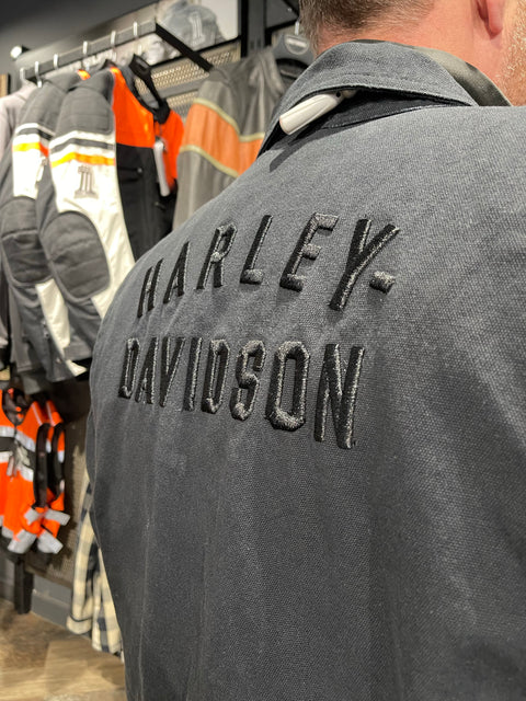 Harley-Davidson® Men's Racer Black Font Canvas Snap Front Jacket 97406-22VM Harley Davidson Direct