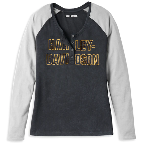 Harley-Davidson® Women's Bar Font Raglan Sleeve Henley Harley Davidson Direct