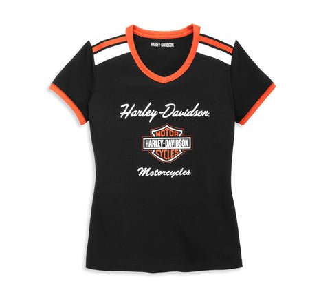 Harley-Davidson® Women's Iconic V-Neck Shoulder Stripe Tee 96083-22VW Harley Davidson Direct